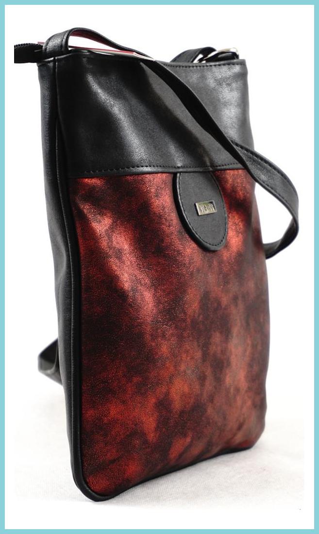 VIA55 női keresztpántos táska kör mintával, rostbőr, vörös noiborpenztarca-hu b